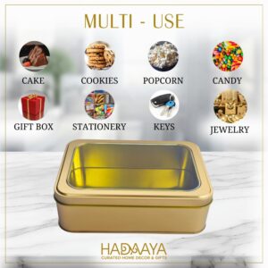 hadaaya Gold Rectangular Tin Container With Clear Lid, Single Piece Christmas Cookie Tin, Festive Tin for Gift Giving & Holiday Treats - Multipurpose Use Medium Size Tin Container