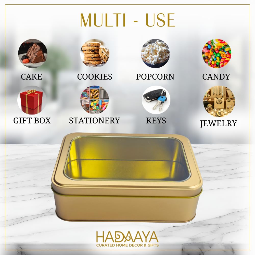 hadaaya Gold Rectangular Tin Container With Clear Lid, Single Piece Christmas Cookie Tin, Festive Tin for Gift Giving & Holiday Treats - Multipurpose Use Medium Size Tin Container