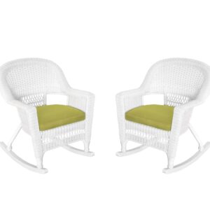 Jeco Rocker Wicker Chair with Green Cushion, Set of 2, White