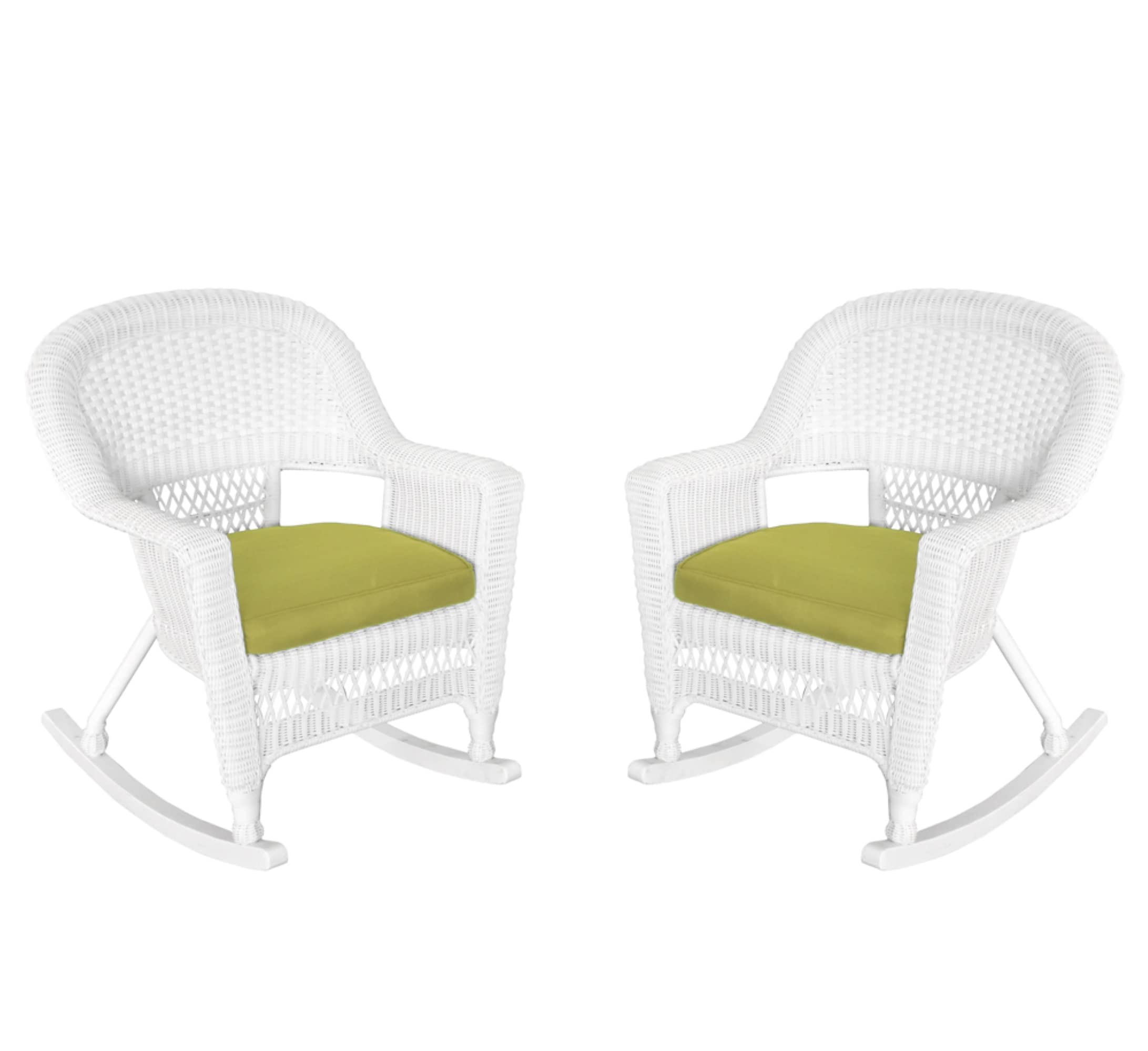 Jeco Rocker Wicker Chair with Green Cushion, Set of 2, White