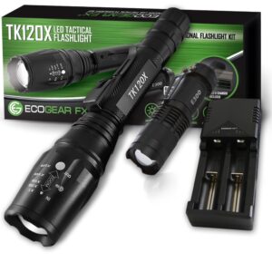 ecogear fx zoomable led tactical flashlight kit tk120x: 5 light modes, high lumen output, water resistant for security & general home use - batteries and charger included