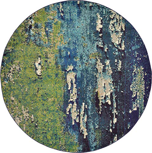 Unique Loom Estrella Collection Distressed, Landscape, Abstract, Modern, Earth Tones Area Rug (8' 0 x 8' 0 Round, Navy Blue/Green)