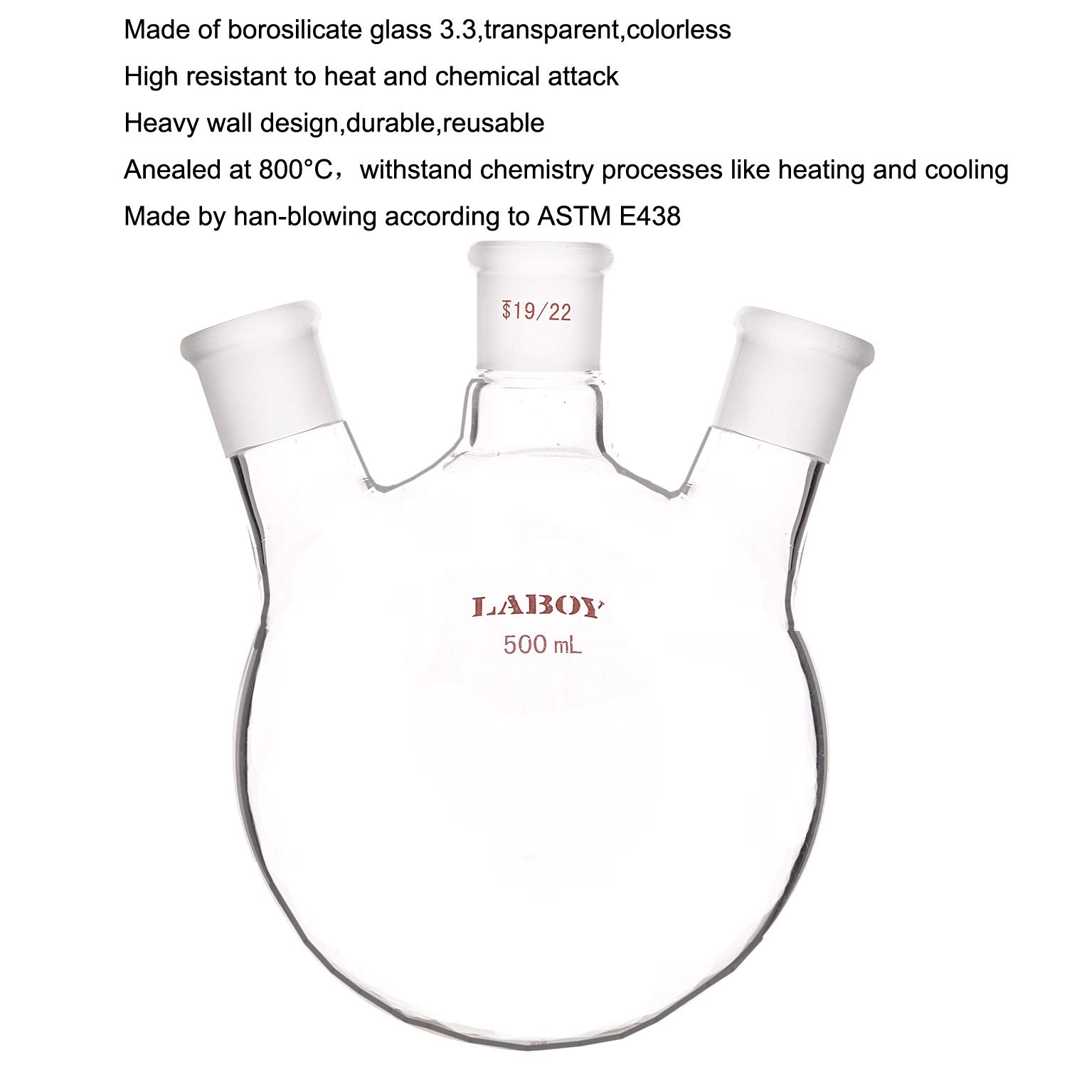 Laboy Glass 500mL 3 Neck Round Bottom Boiling Flask with 19/22 Center & Side Joints Angled Receiving Reflux Flask Multi Neck Apparatus Organic Chemistry Lab Glassware