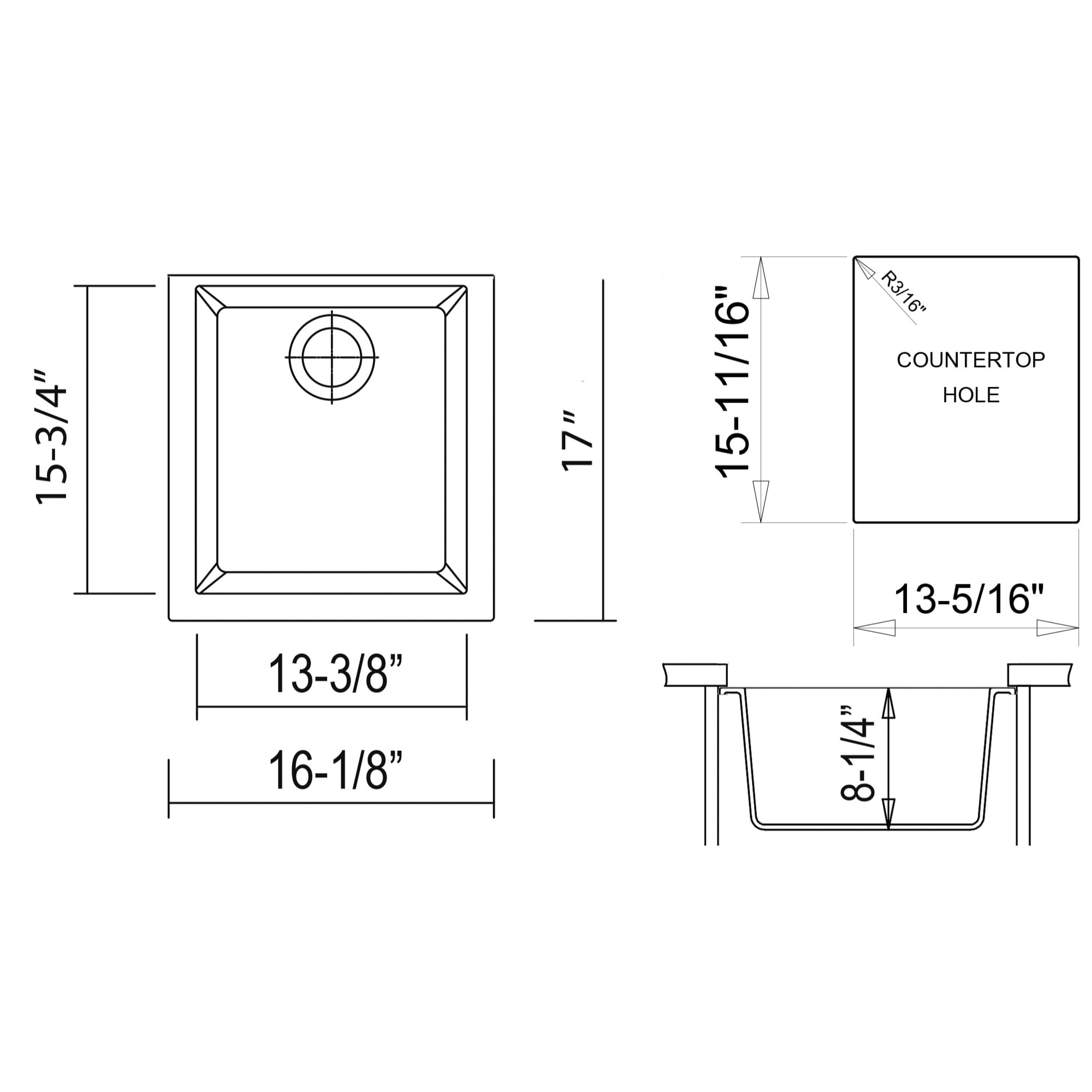 ALFI brand AB1720UM-BLA Undercount Rectangular Granite Composite Kitchen Prep Sink, 17", Black