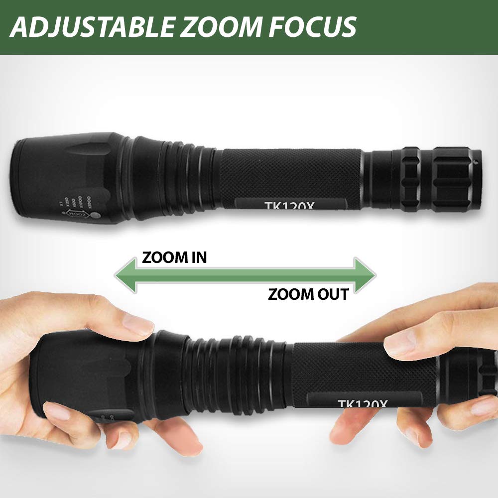 EcoGear FX Zoomable LED Tactical Flashlight Kit TK120X: 5 Light Modes, High Lumen Output, Water Resistant for Security & General Home Use - Batteries and Charger Included