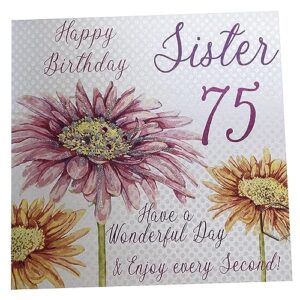 white cotton cards pink gerbera, happy 75 sister have a wonderful day handmade 75th birthday card, white, wba75-s