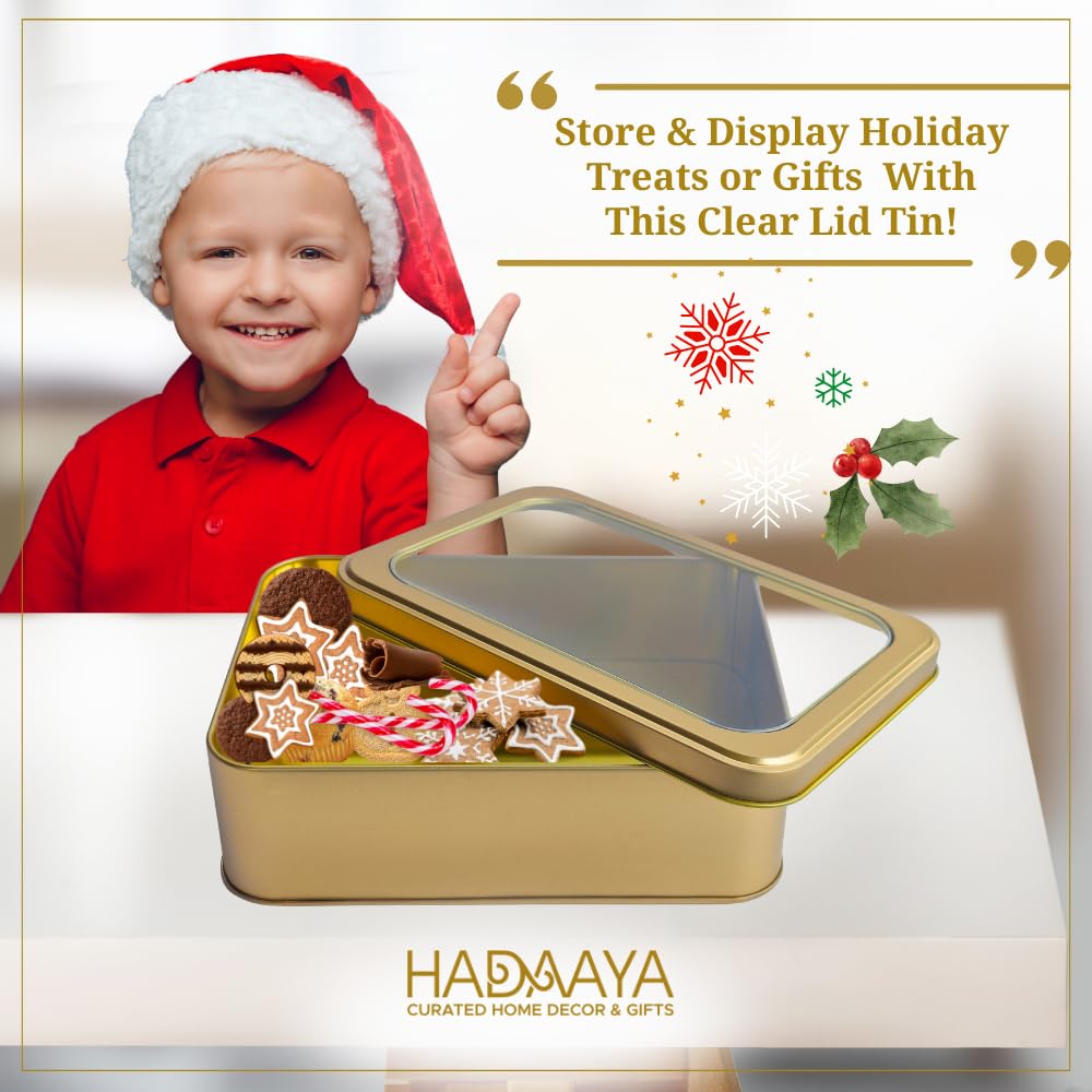 hadaaya Gold Rectangular Tin Container With Clear Lid, Single Piece Christmas Cookie Tin, Festive Tin for Gift Giving & Holiday Treats - Multipurpose Use Medium Size Tin Container