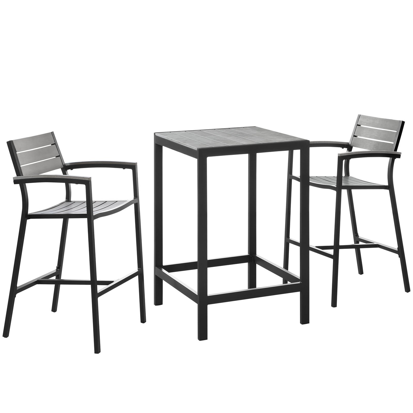 Modway Maine Aluminum 3-Piece Outdoor Patio Dining Bistro Pub Set with 28" Bar Table and Two Bar Stools in Brown Gray