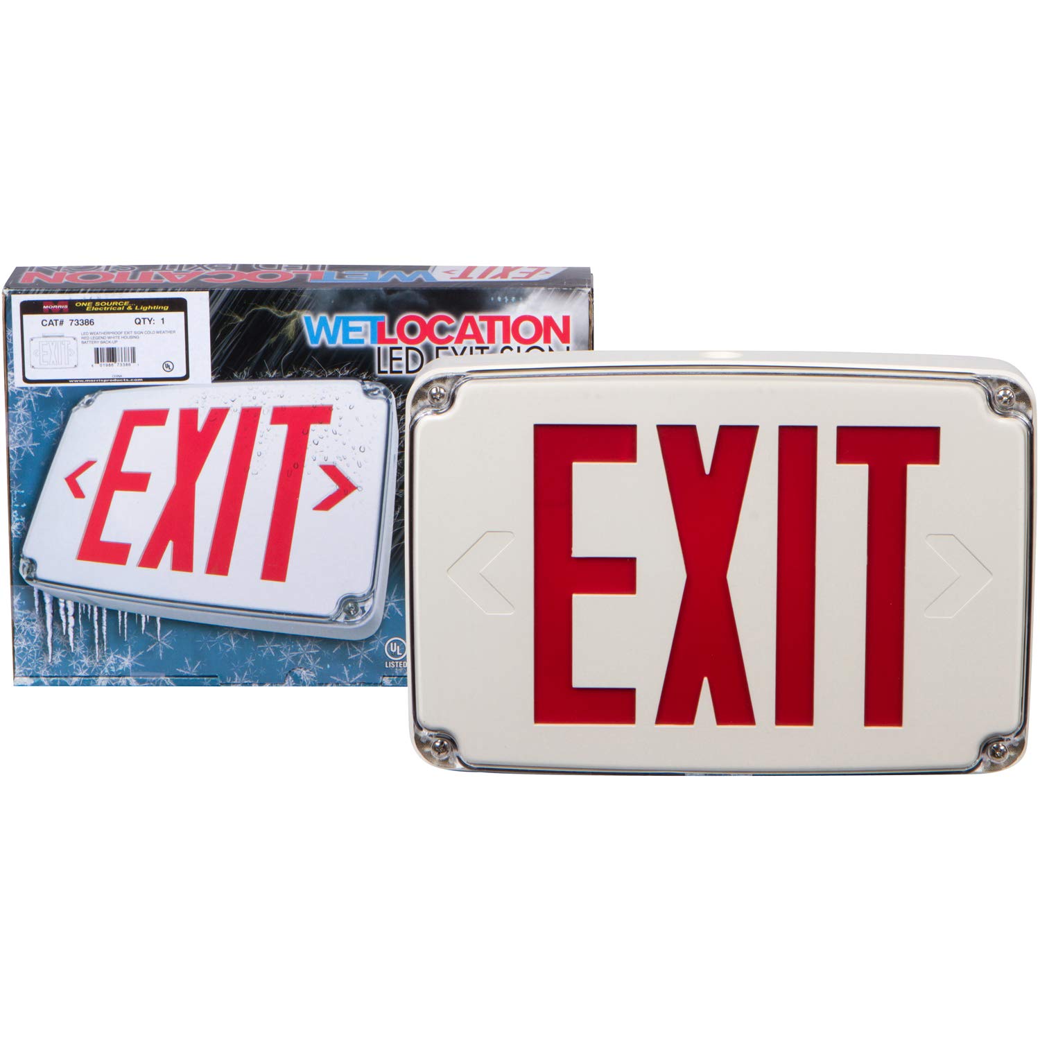 Morris Products Cold Weather, Wet Location LED Exit Sign – Emergency Battery Backup Exit Signage – Red with White Housing – Compact, Low-Profile Design – Dual Voltage, Fully Automatic