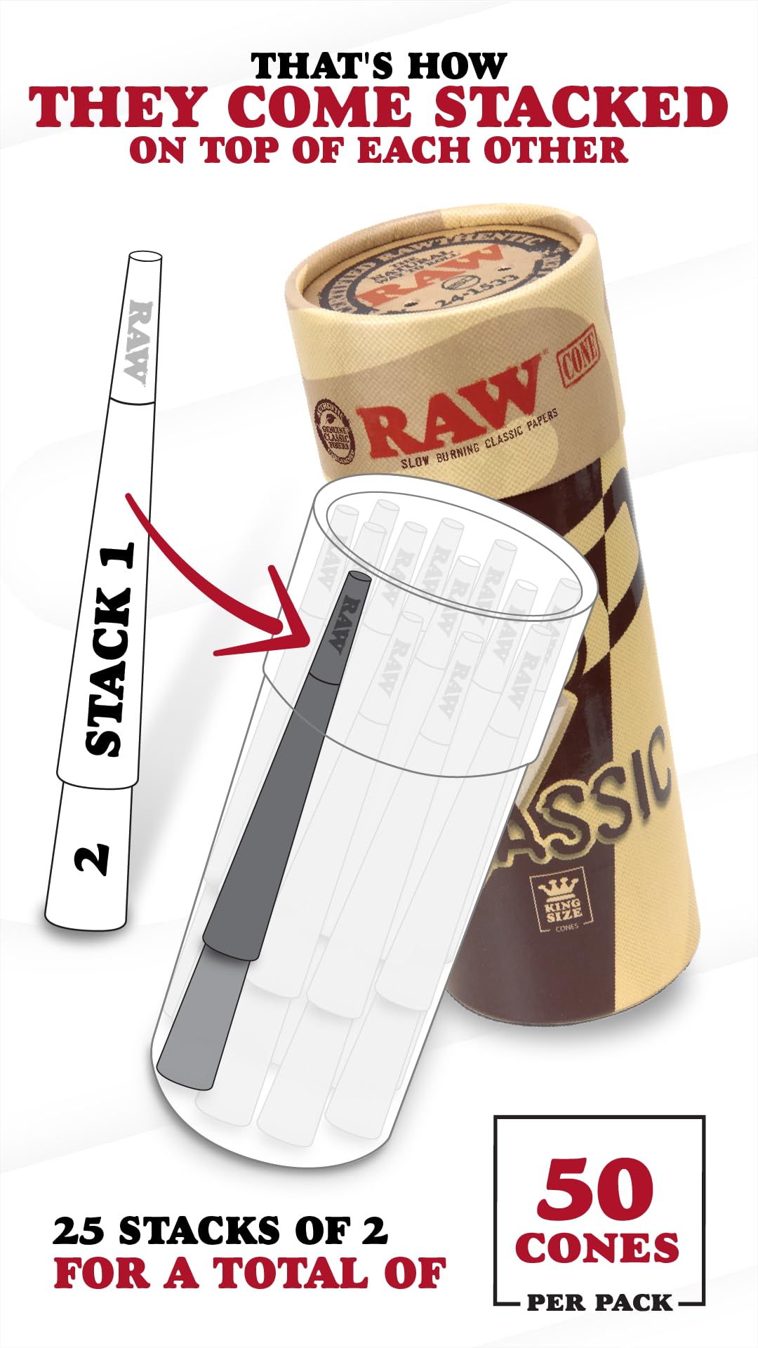 RAW Cones Classic King Size - 50 Pack - Slow Burning Pre Rolled Cones with Tips & Packing Tubes Included