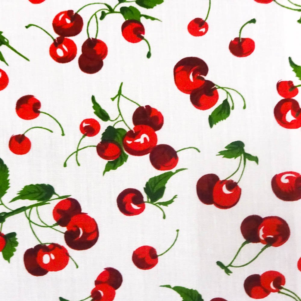 Cherry Fruit White Poly Cotton, 58"/60" Inches Wide – Sold By The Yard (FB)