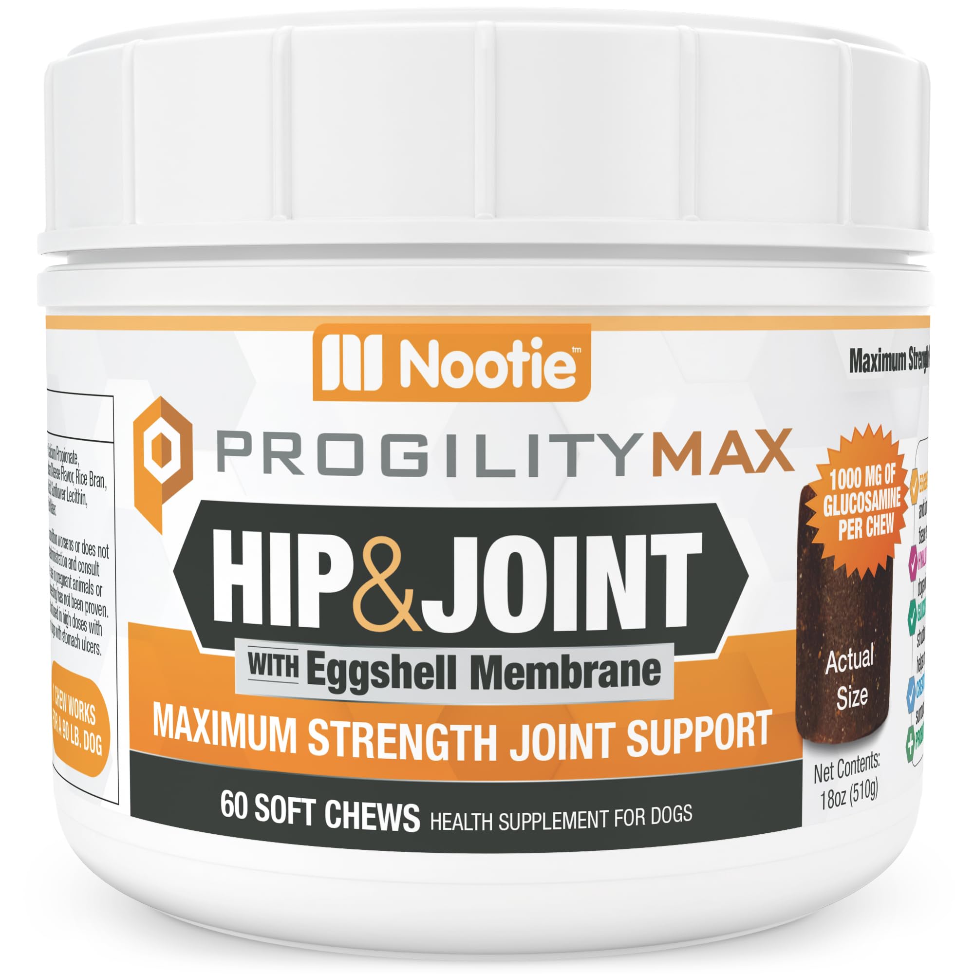 Nootie ProgilityMAX Hip & Joint Supplement for Large Dogs, Maximum Strength Dog Joint Support with Eggshell Membrane, Glucosamine and Chondroitin, 60 Count