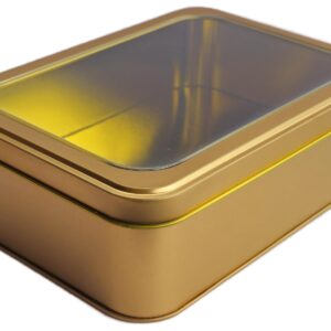 hadaaya Gold Rectangular Tin Container With Clear Lid, Single Piece Christmas Cookie Tin, Festive Tin for Gift Giving & Holiday Treats - Multipurpose Use Medium Size Tin Container