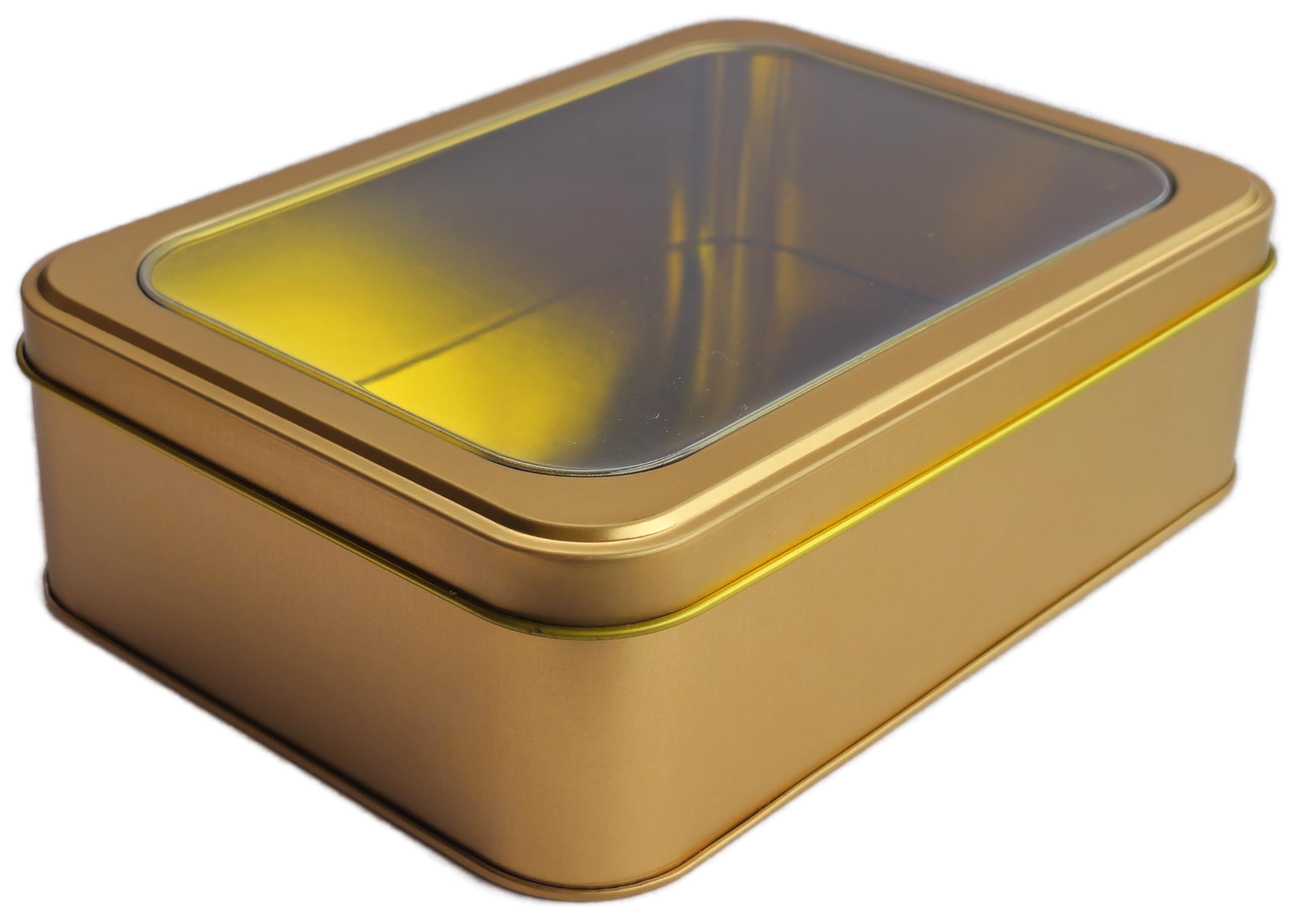 hadaaya Gold Rectangular Tin Container With Clear Lid, Single Piece Christmas Cookie Tin, Festive Tin for Gift Giving & Holiday Treats - Multipurpose Use Medium Size Tin Container