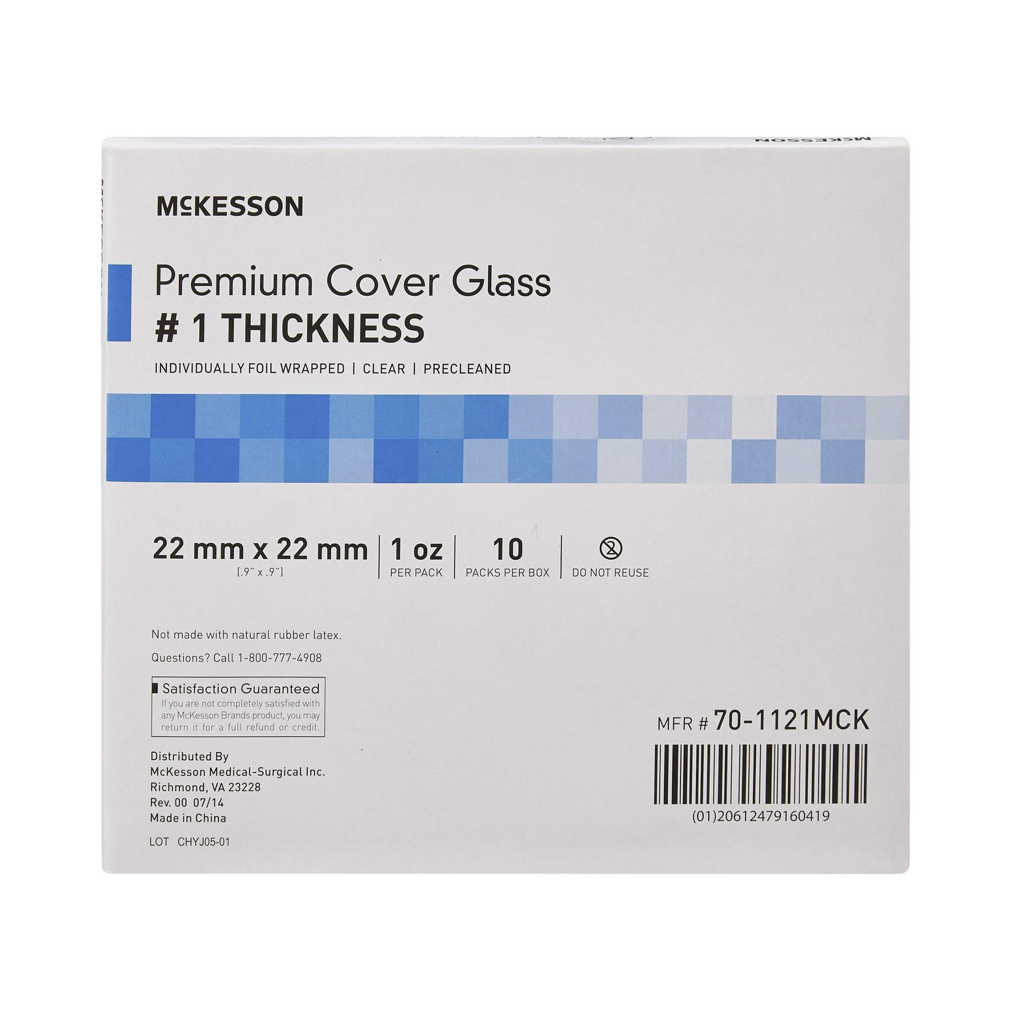 McKesson Premium Cover Glass, #1 Thickness, Microscope Cover Glass, Clear, Precleaned, 22 mm x 22 mm, 1 Count