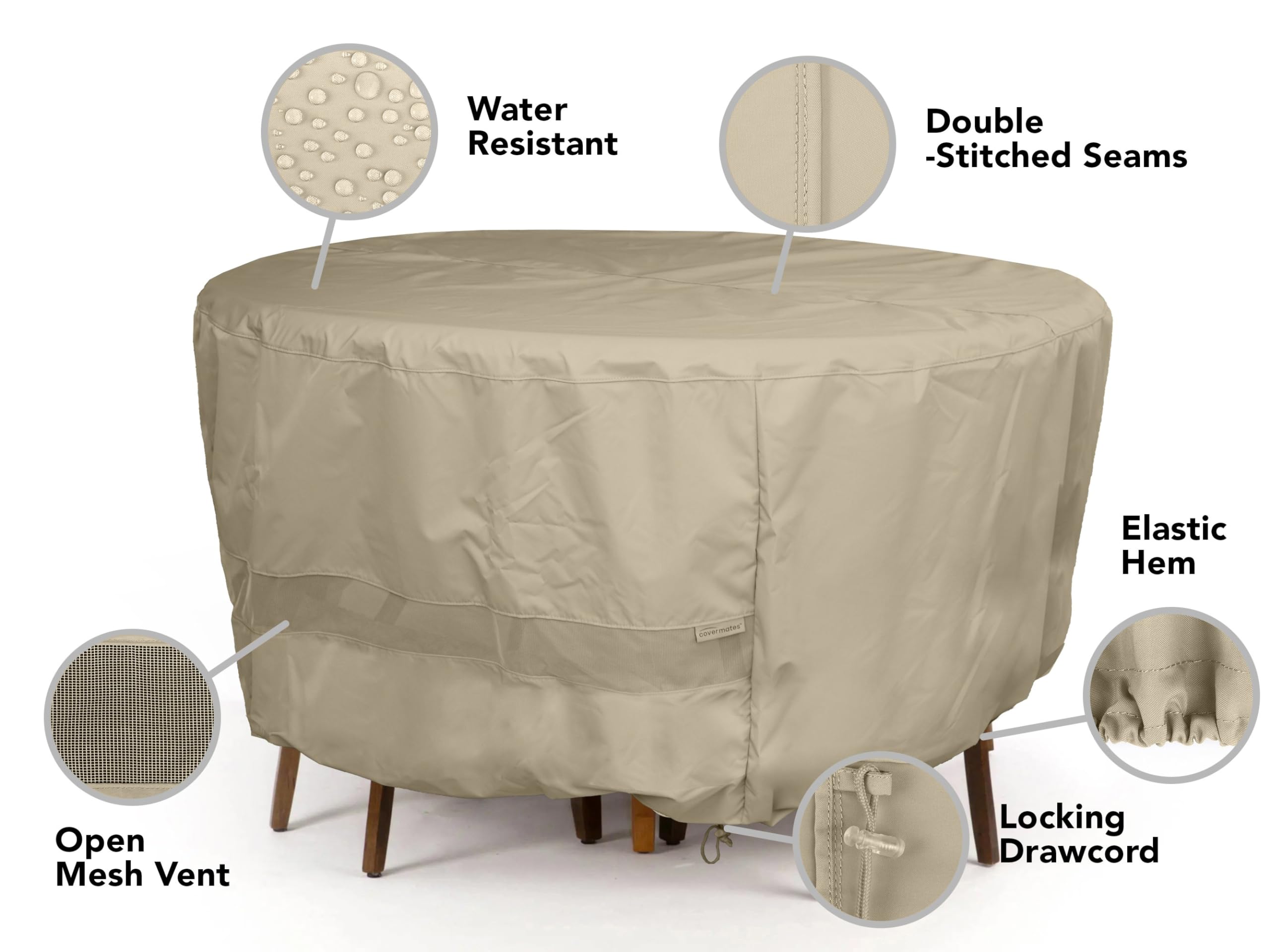 Covermates Round Dining Table Cover - Water-Resistant Polyester, Mesh Ventilation, Patio Table Covers, 30DIAMETER x 25H, Khaki