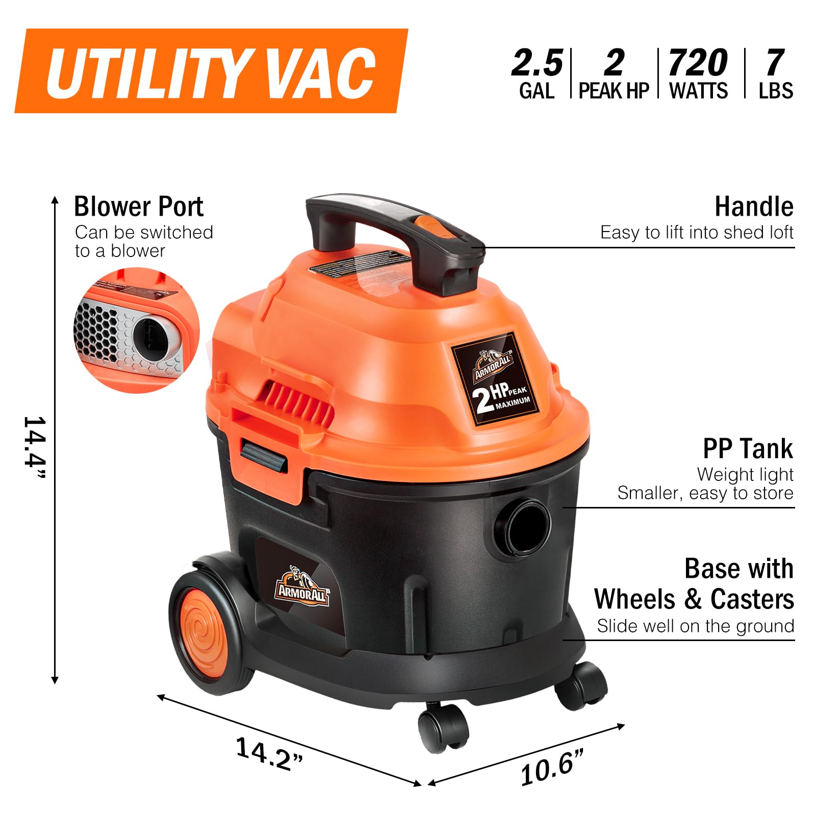 Armor All AA255W Wet/Dry Utility Vac 2.5 Gallon, 2.5-Gallon,120 Volts (AC), Orange/Black