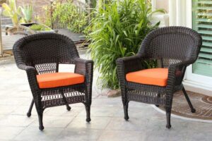 jeco wicker chair with orange cushion, set of 2, espresso