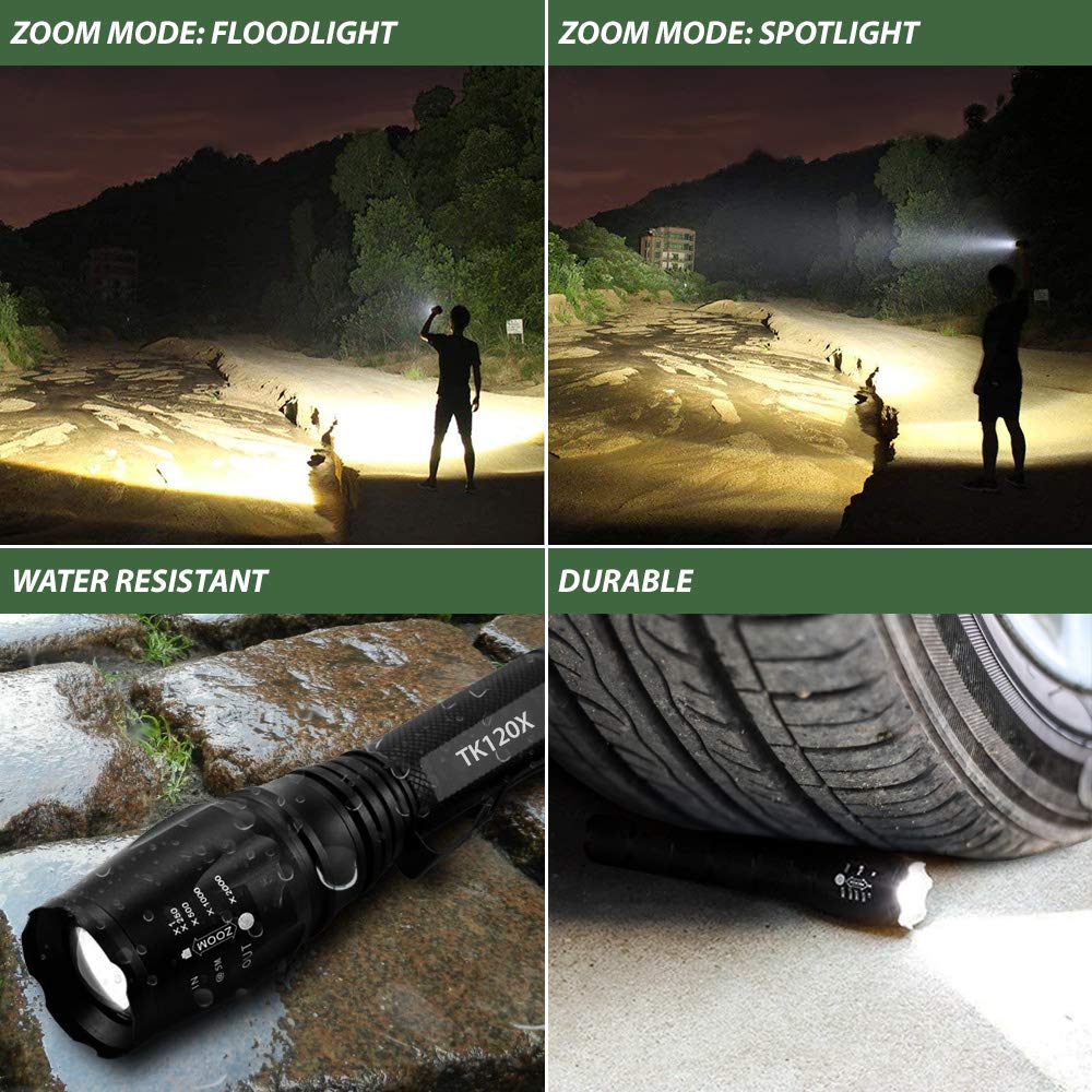 EcoGear FX Zoomable LED Tactical Flashlight Kit TK120X: 5 Light Modes, High Lumen Output, Water Resistant for Security & General Home Use - Batteries and Charger Included