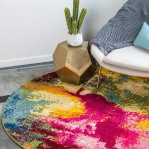 Unique Loom Estrella Collection Colorful, Abstract, Watercolor, Modern, Eclectic Area Rug, 6 ft x 6 ft, Multi/Beige