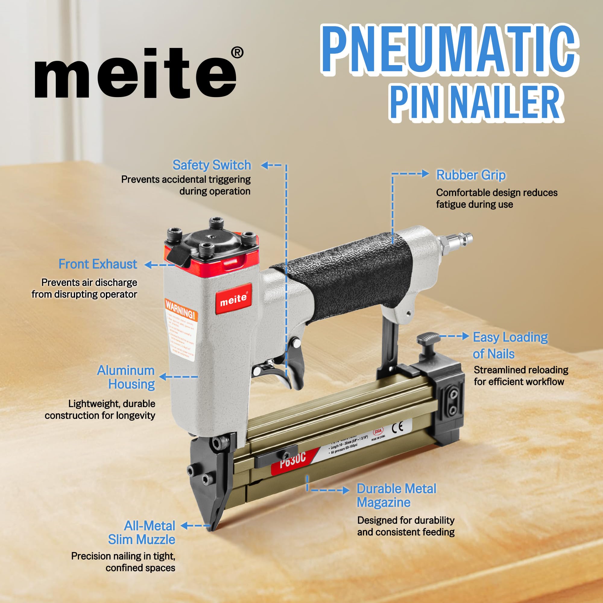 meite P630C Pin Nailer, Pneumatic Micro 23 Gauge Pin Nailer Gun, Accept 3/8-Inch to 1-3/16-Inch 23Ga Pin Nails, Ideal for Cabinets, Paneling, Crafts, Picture Frames