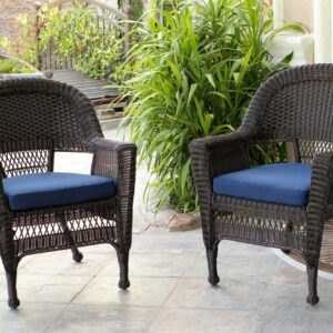 Jeco Wicker Chair with Blue Cushion, Set of 2, Espresso/