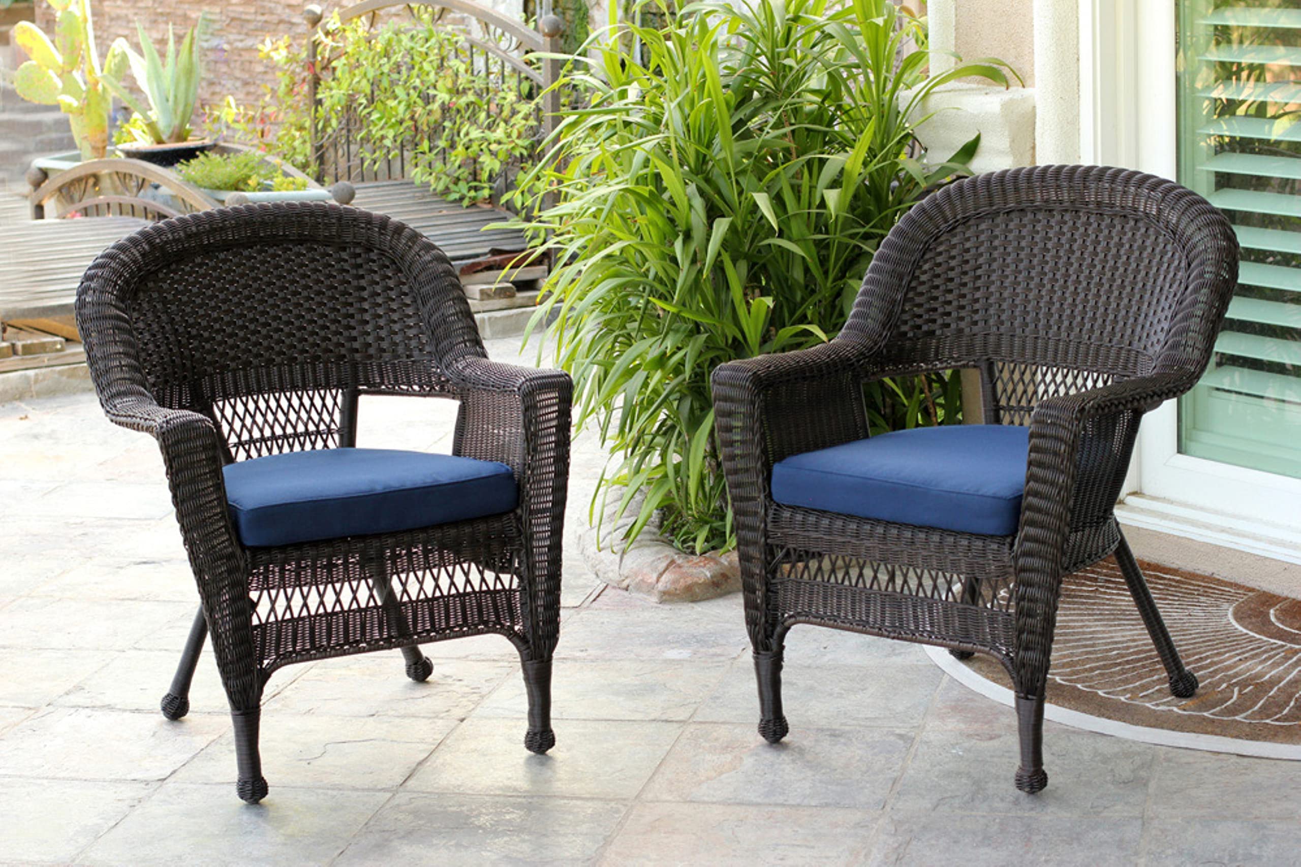 Jeco Wicker Chair with Blue Cushion, Set of 2, Espresso/