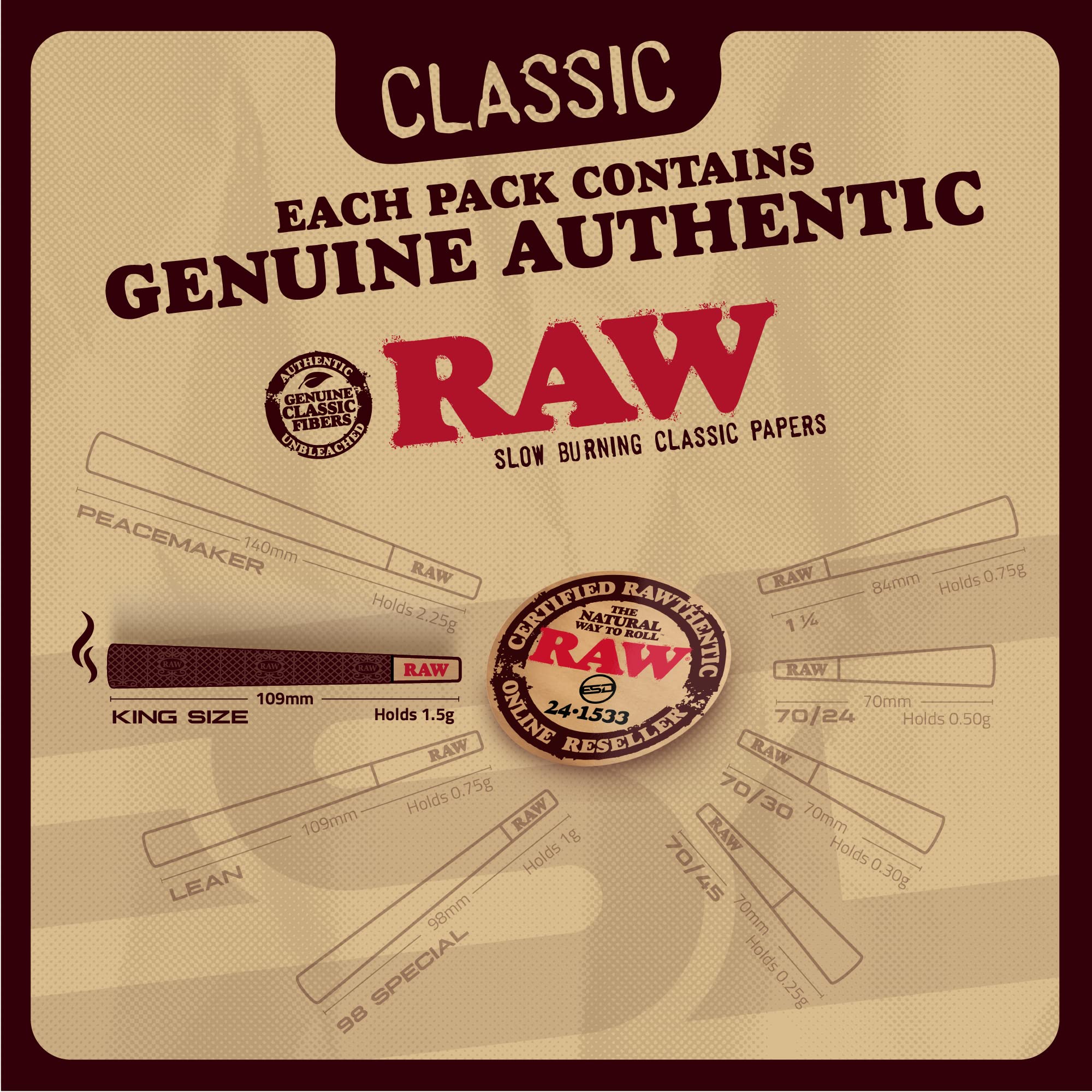 RAW Cones Classic King Size - 50 Pack - Slow Burning Pre Rolled Cones with Tips & Packing Tubes Included