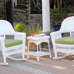 Jeco 3 Piece Rocker Wicker Chair Set With With Green Cushion, White