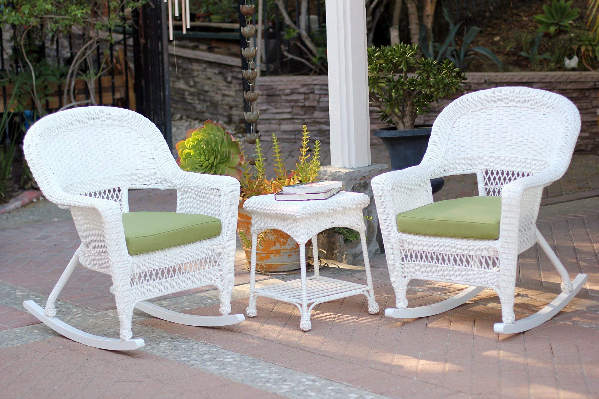 Jeco 3 Piece Rocker Wicker Chair Set With With Green Cushion, White