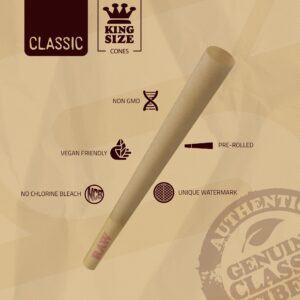 RAW Cones Classic King Size - 50 Pack - Slow Burning Pre Rolled Cones with Tips & Packing Tubes Included