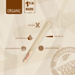 RAW Cones Organic 1-1/4 Size | 50 Pack | Pre Rolled Rolling Paper with Tips & Packing Tubes Included