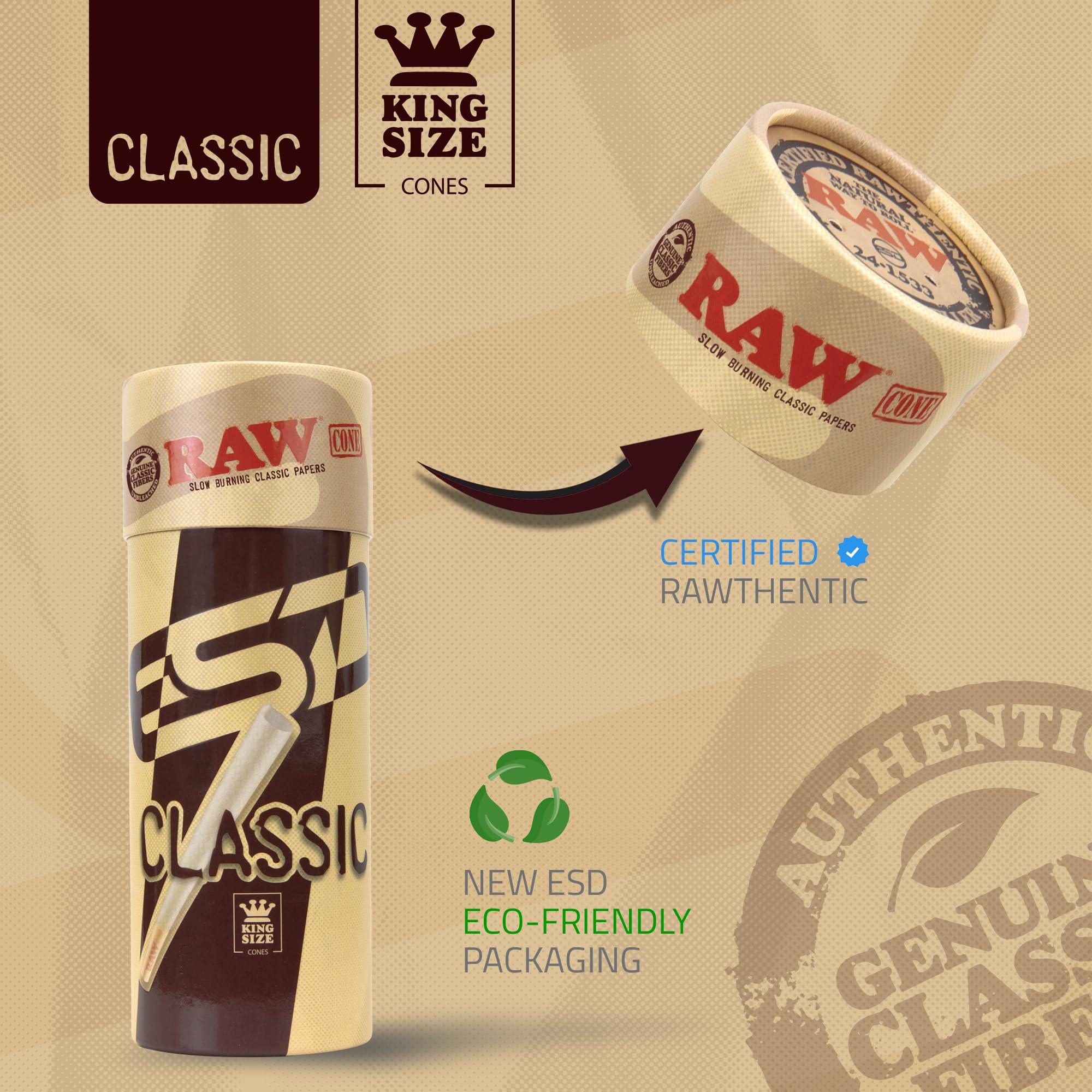 RAW Cones Classic King Size - 50 Pack - Slow Burning Pre Rolled Cones with Tips & Packing Tubes Included