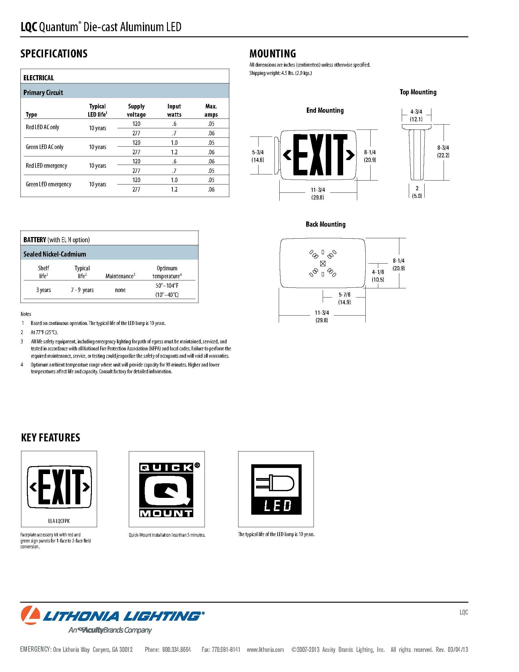 Lithonia Lighting LQC 1 G 3W LED Exit Sign, White