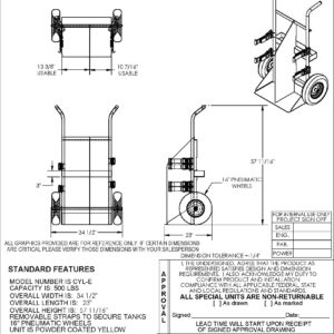 Vestil CYL-E Steel Cylinder Torch Cart with Pneumatic Wheels 23 in. x 34-1/2 in. x 57 in. 500 Lb. Capacity Yellow