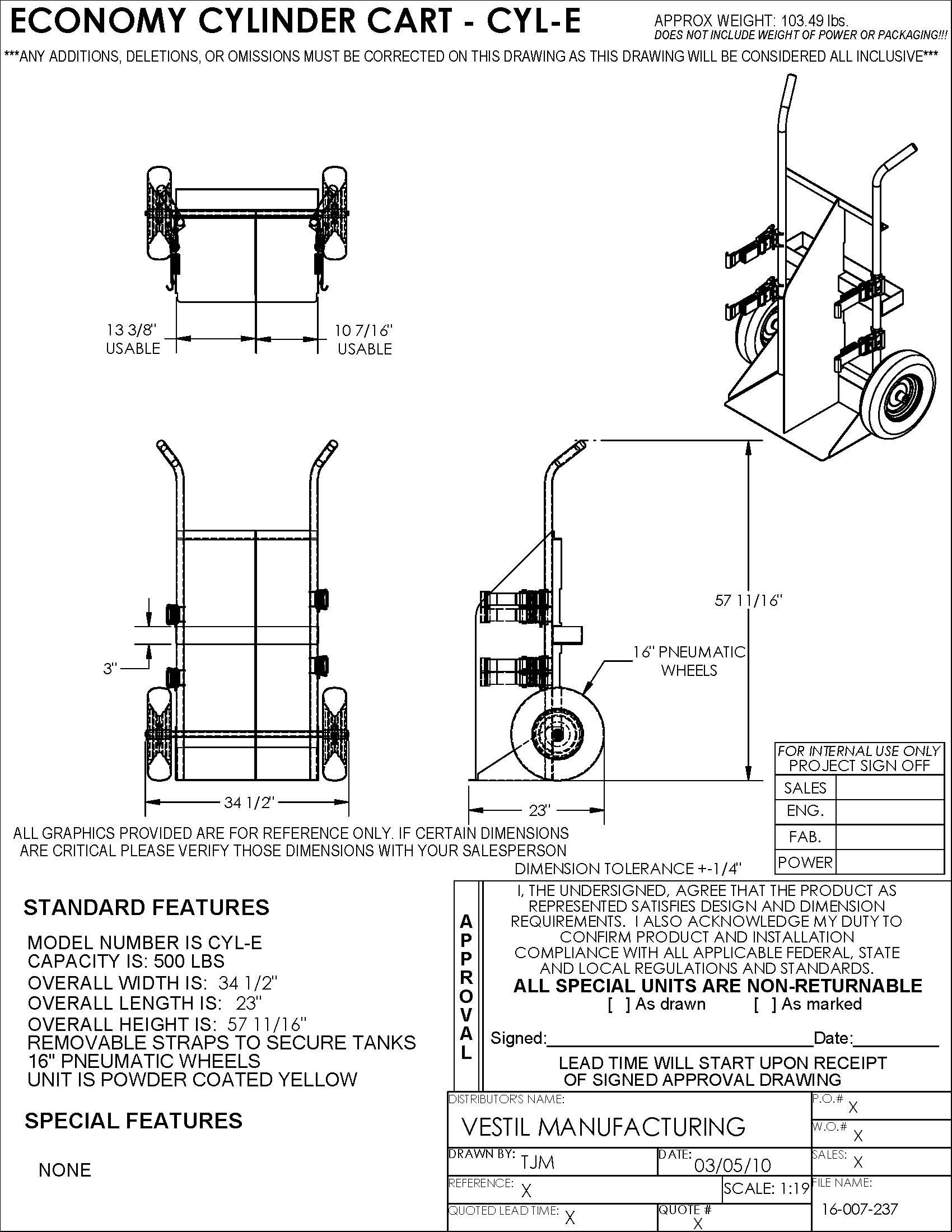 Vestil CYL-E Steel Cylinder Torch Cart with Pneumatic Wheels 23 in. x 34-1/2 in. x 57 in. 500 Lb. Capacity Yellow