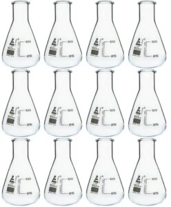 eisco 12pk erlenmeyer flasks, 50ml - borosilicate glass - narrow neck flasks, conical flasks, glass flasks