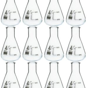 EISCO 12PK Erlenmeyer Flasks, 50mL - Borosilicate Glass - Narrow Neck Flasks, Conical Flasks, Glass Flasks