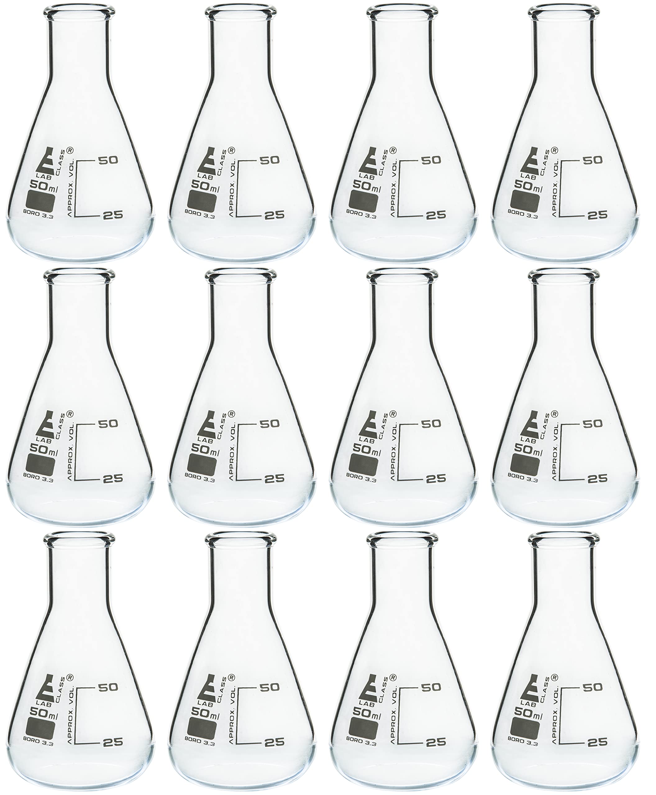 EISCO 12PK Erlenmeyer Flasks, 50mL - Borosilicate Glass - Narrow Neck Flasks, Conical Flasks, Glass Flasks