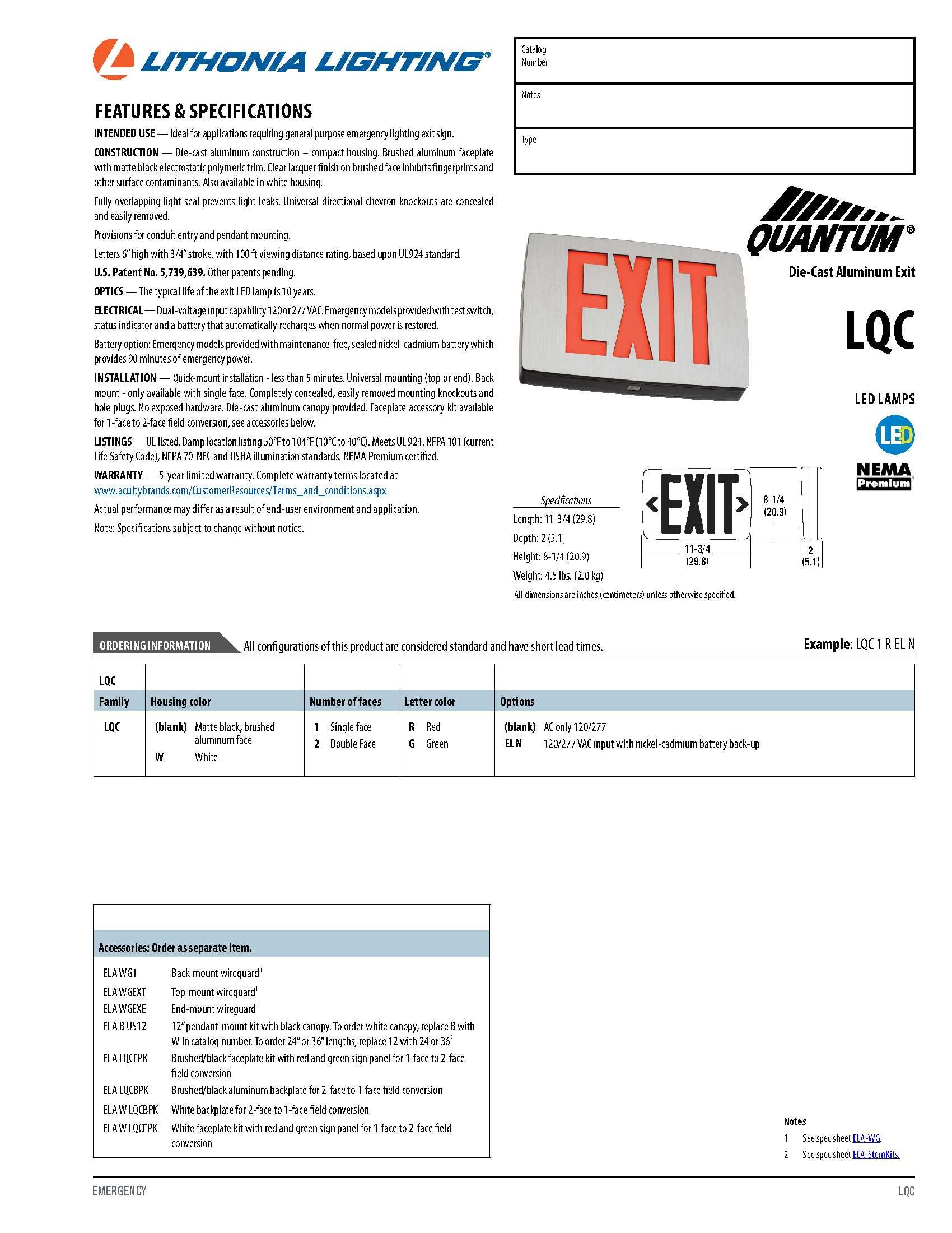 Lithonia Lighting LQC 1 G 3W LED Exit Sign, White