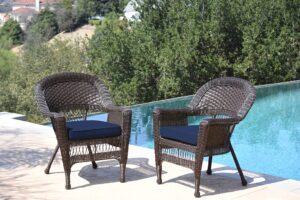 jeco wicker chair with blue cushion, set of 2, espresso/