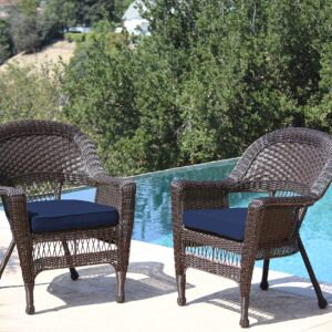 Jeco Wicker Chair with Blue Cushion, Set of 2, Espresso/