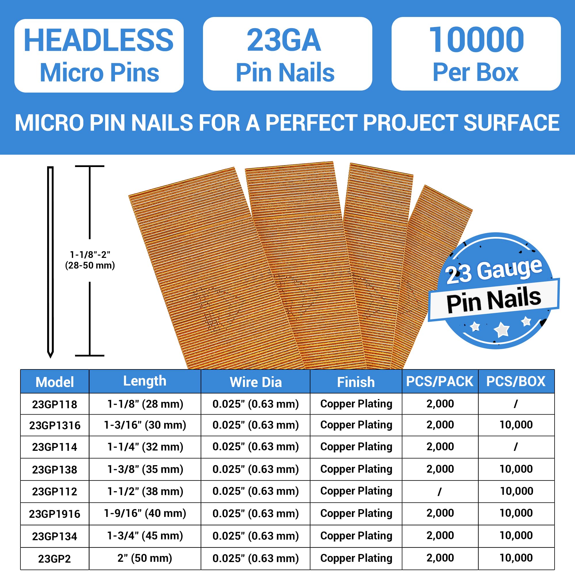 meite 23 Gauge Pin Nails, 1-3/8-Inch Micro Headless Pins for Pin Nailer - Copper Plated Pins Nails for Nail Gun, Ideal for Fine Woodworking and Trim Work (10,000 PCS)