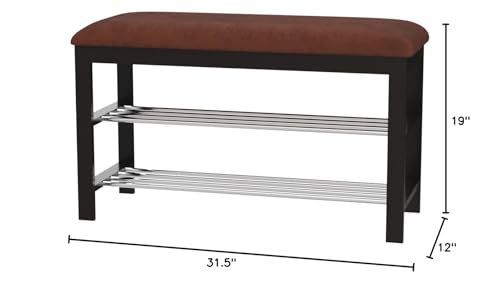 Roundhill Furniture Dark Espresso Wood Shoe Bench with Chocolate Microfiber Seat, Brown, 19.00 x 12.00 x 13.00 Inches