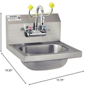 Krowne HS-36 Hand Sink/Eyewash Station, Wall Mount, 15-3/4"W x 15-1/4"D x 19-1/4"H OA, 7-3/4"H backsplash, 12-1/2" Wide x 9-3/4" Front-to-Back x 5-5/8" deep Bowl