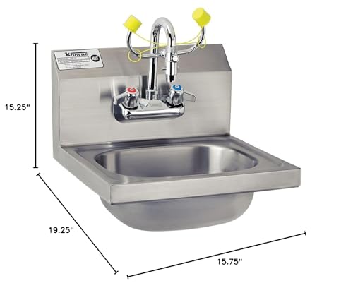 Krowne HS-36 Hand Sink/Eyewash Station, Wall Mount, 15-3/4"W x 15-1/4"D x 19-1/4"H OA, 7-3/4"H backsplash, 12-1/2" Wide x 9-3/4" Front-to-Back x 5-5/8" deep Bowl