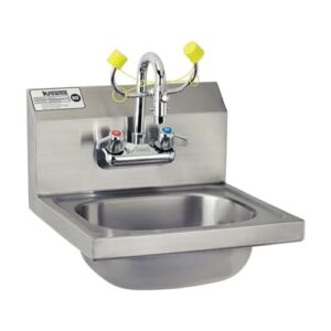 krowne hs-36 hand sink/eyewash station, wall mount, 15-3/4"w x 15-1/4"d x 19-1/4"h oa, 7-3/4"h backsplash, 12-1/2" wide x 9-3/4" front-to-back x 5-5/8" deep bowl