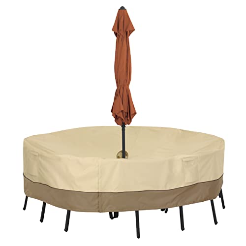 Classic Accessories Veranda Water-Resistant 94 Inch Round Patio Table & Chair Set Cover with Umbrella Hole, Outdoor Table Cover