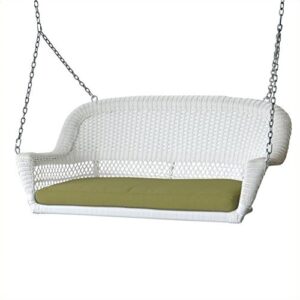 Jeco Wicker Porch Swing in White with Green Cushion