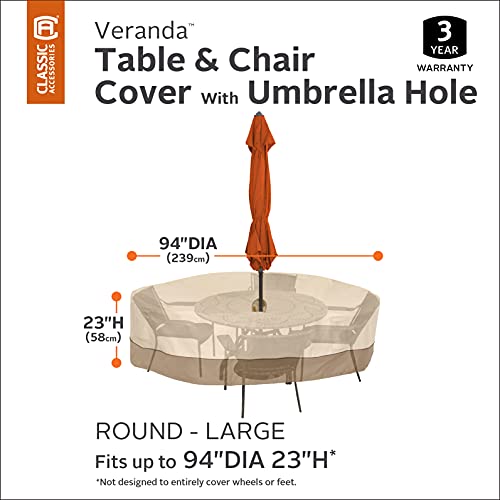 Classic Accessories Veranda Water-Resistant 94 Inch Round Patio Table & Chair Set Cover with Umbrella Hole, Outdoor Table Cover